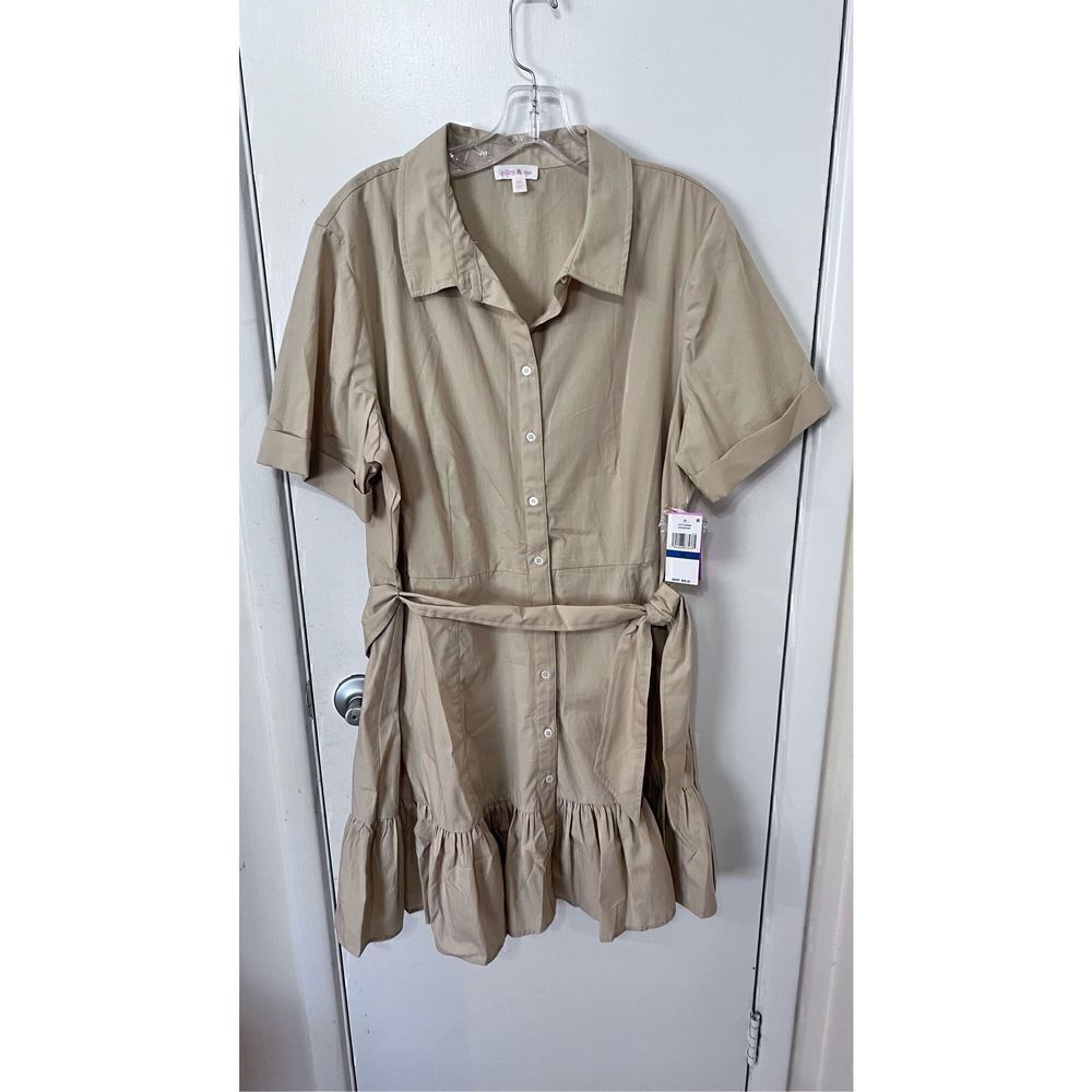 Riley & Rae Women's Button Down Ruffled Shirt Dress Hazelnut Size XL NWT P1-11